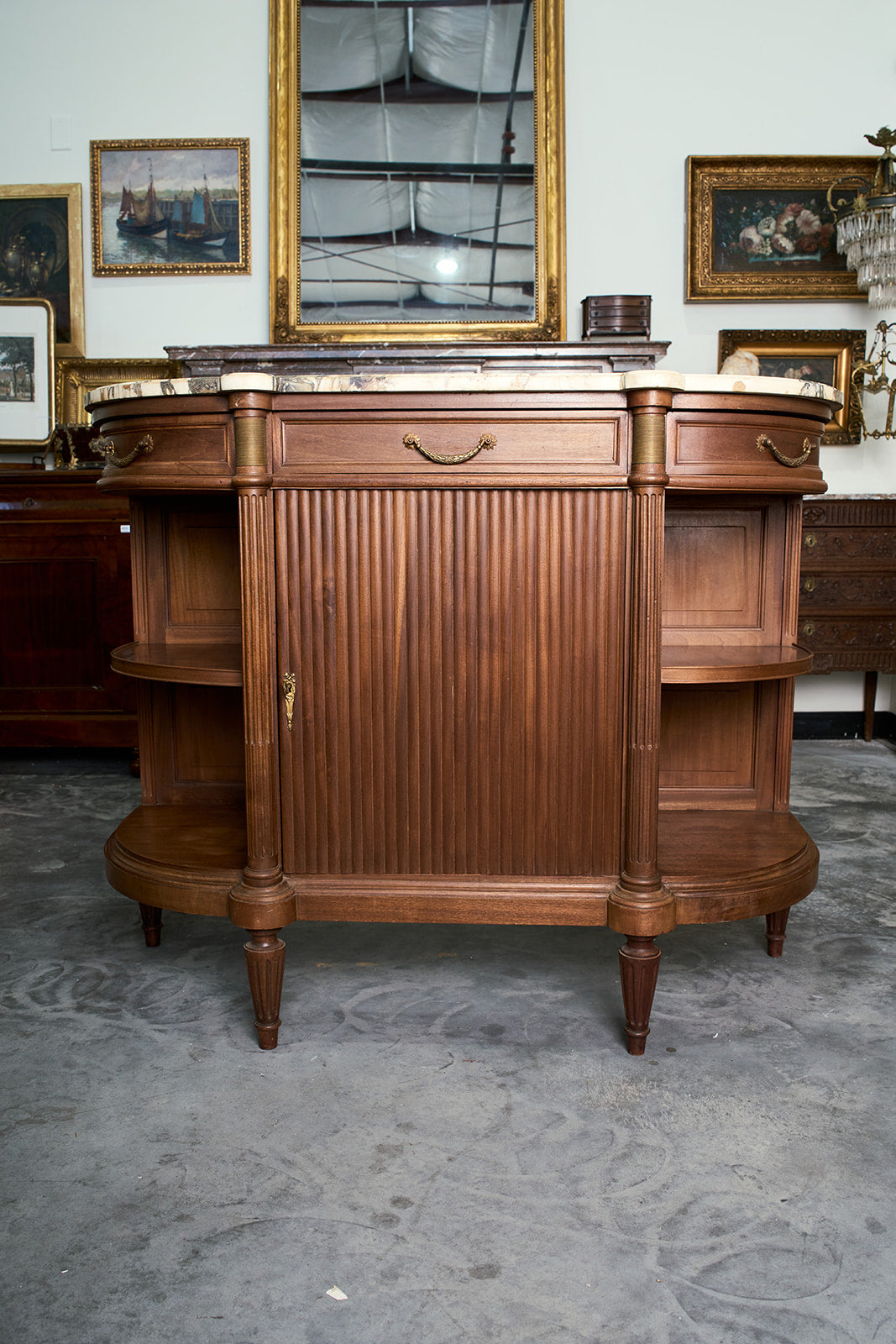 French Louis XVI Style Demilune Mahogany Buffet with Breche Violette Marble Top