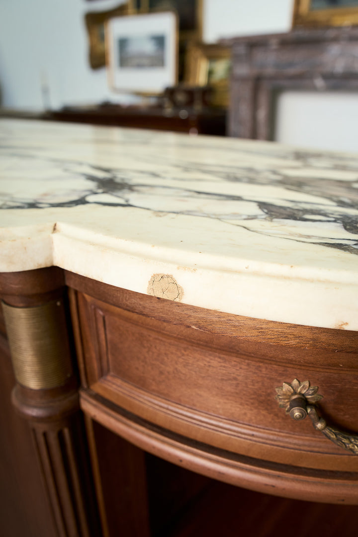 French Louis XVI Style Demilune Mahogany Buffet with Breche Violette Marble Top