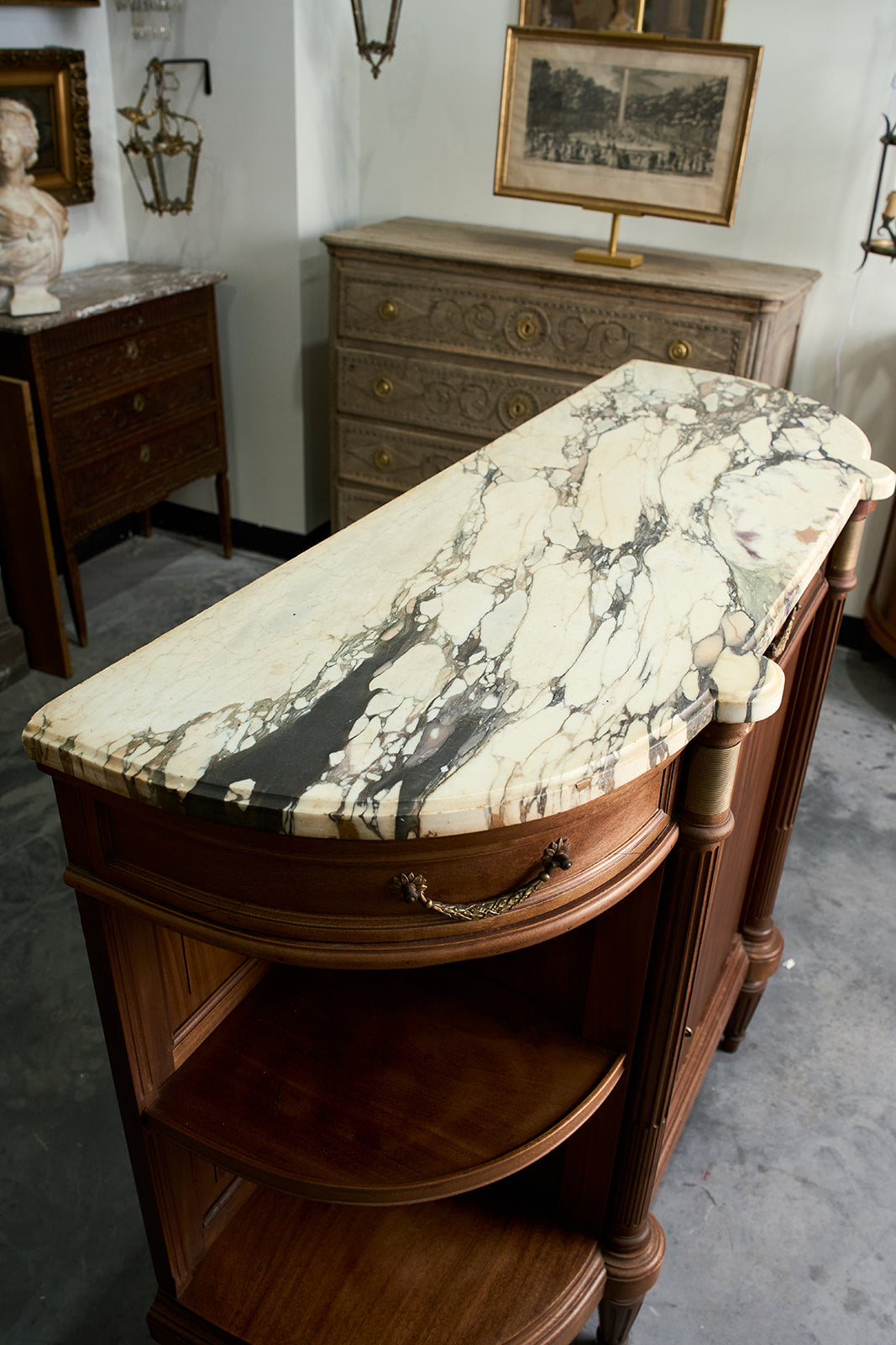 French Louis XVI Style Demilune Mahogany Buffet with Breche Violette Marble Top