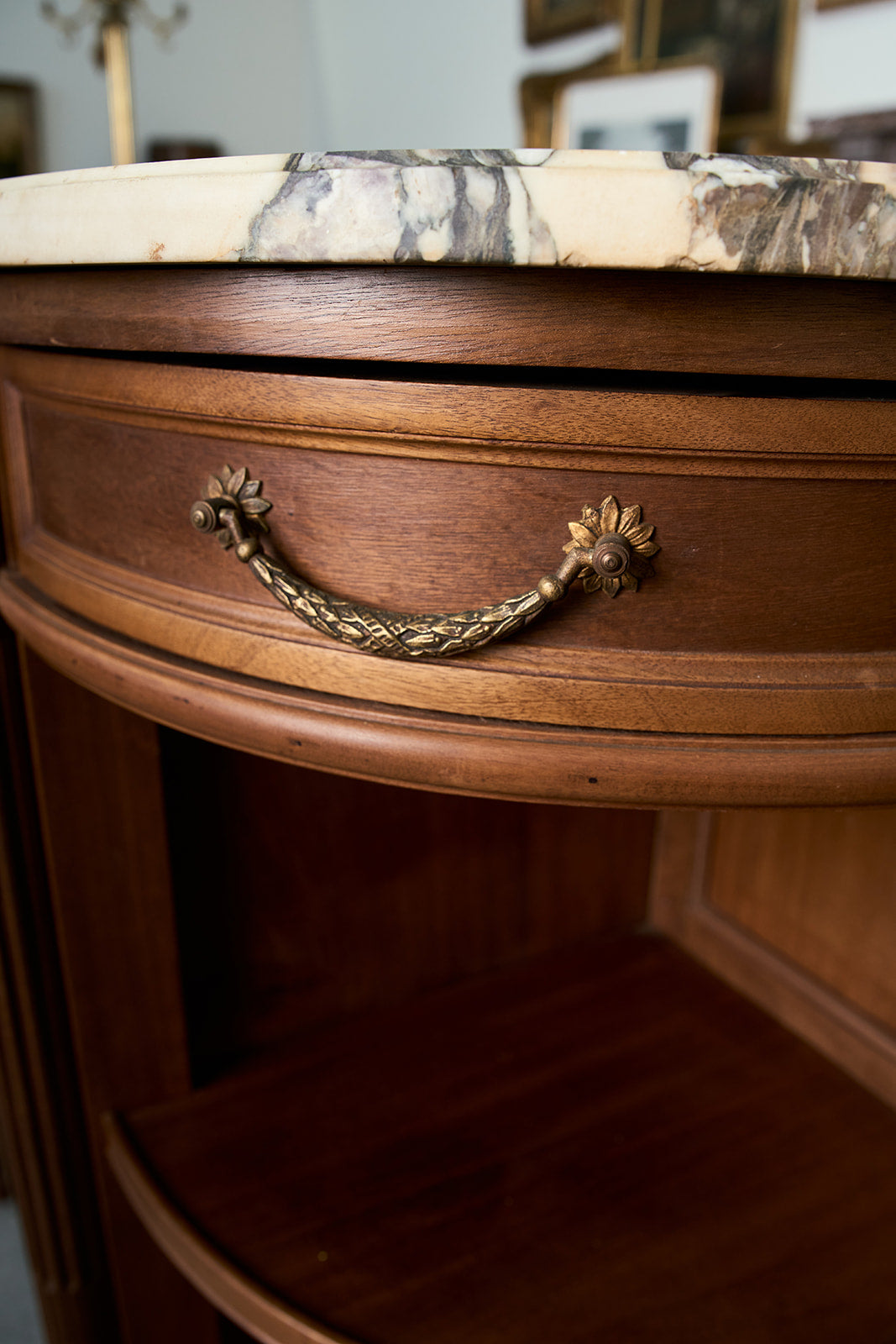 French Louis XVI Style Demilune Mahogany Buffet with Breche Violette Marble Top