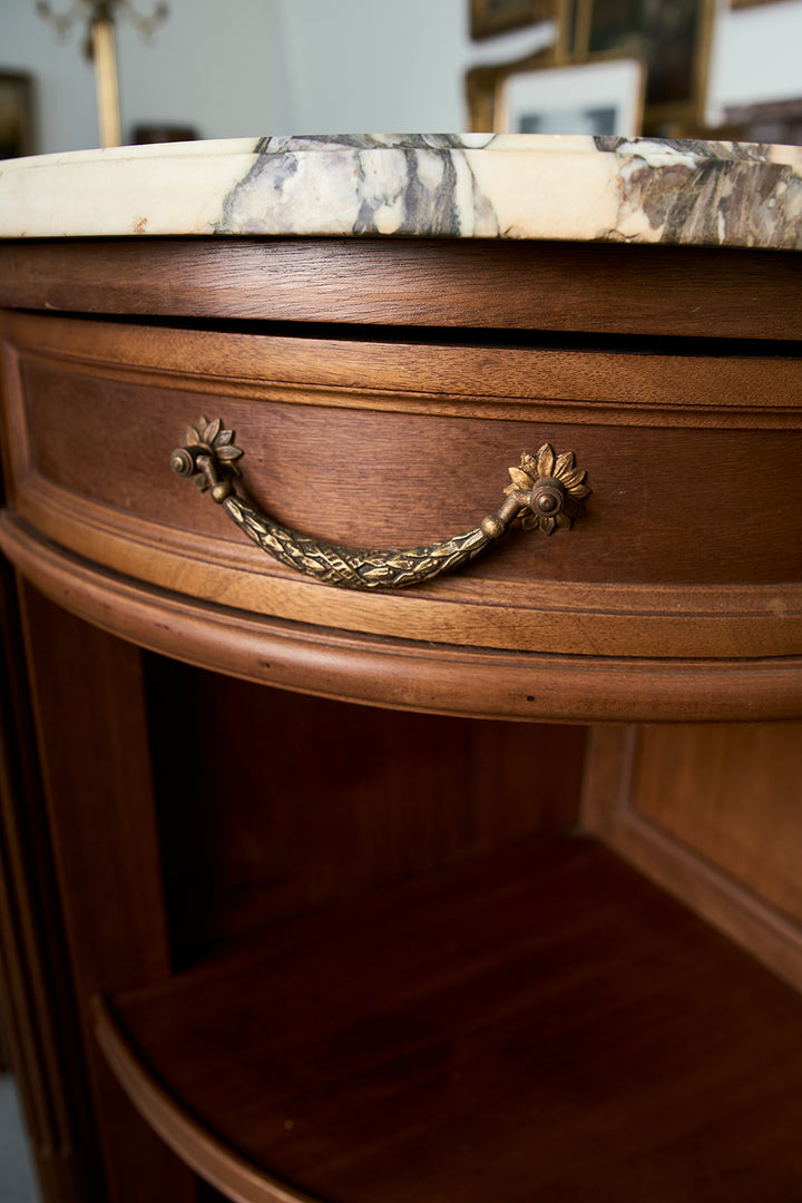 French Louis XVI Style Demilune Mahogany Buffet with Breche Violette Marble Top