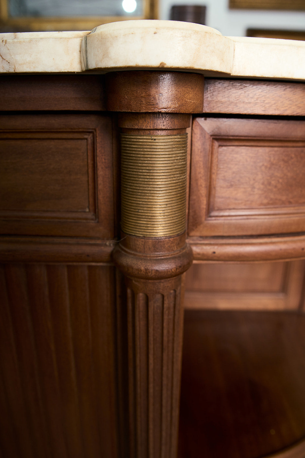 French Louis XVI Style Demilune Mahogany Buffet with Breche Violette Marble Top