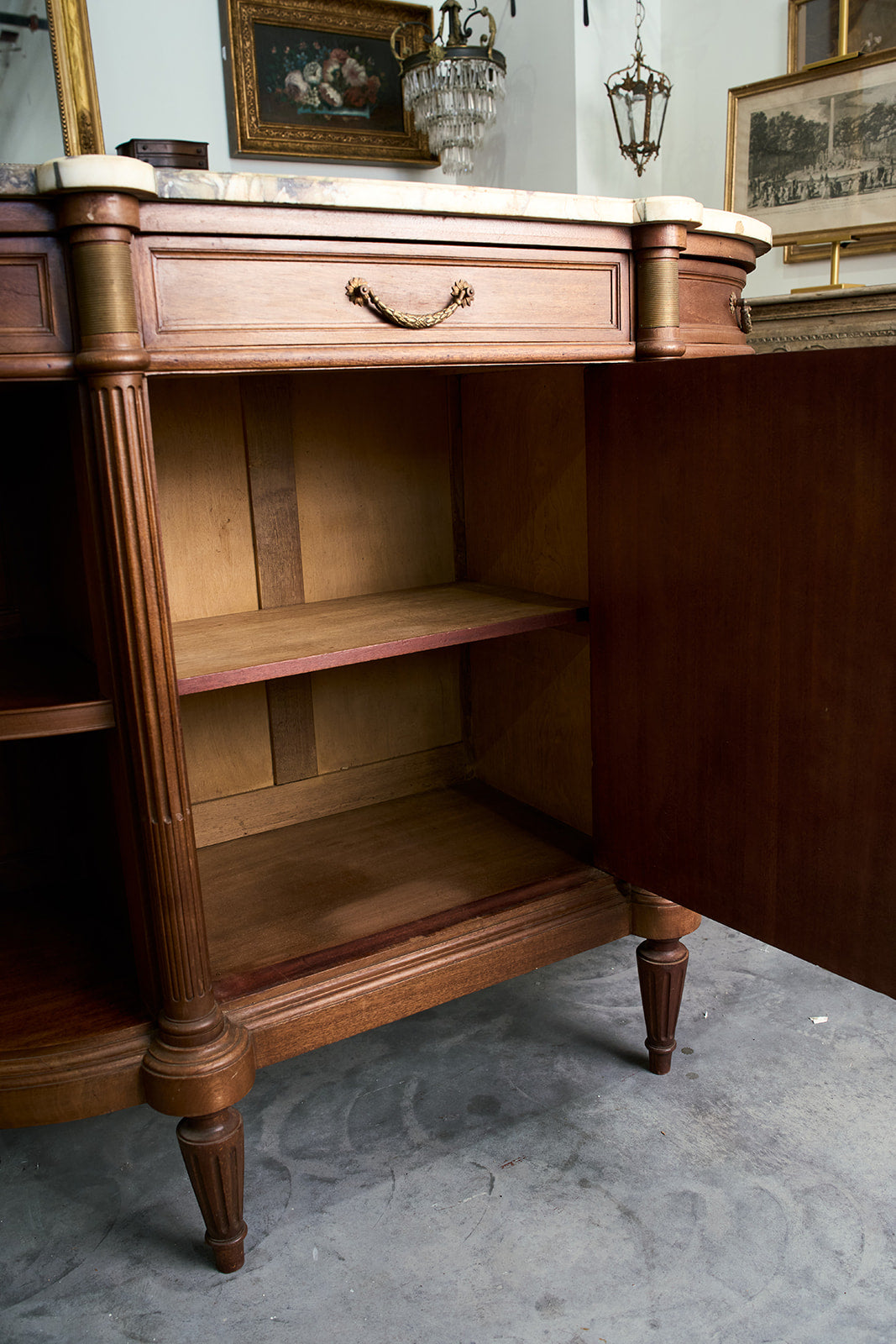 French Louis XVI Style Demilune Mahogany Buffet with Breche Violette Marble Top