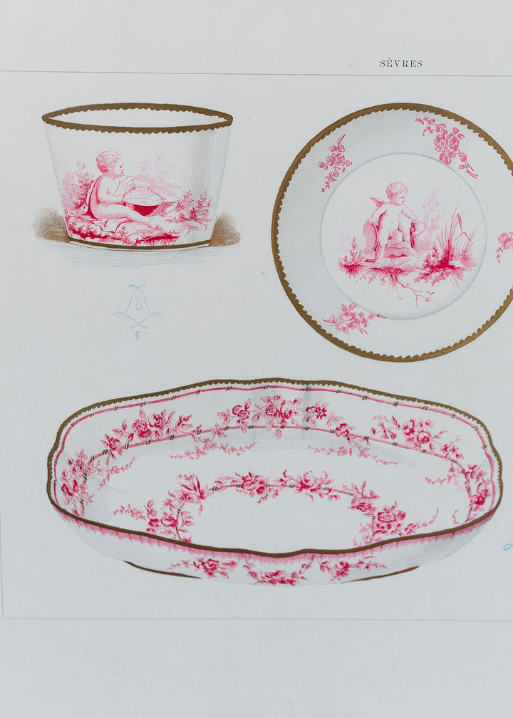 Sèvres Rose Camaïeu Porcelain, 19th Century French Chromolithograph