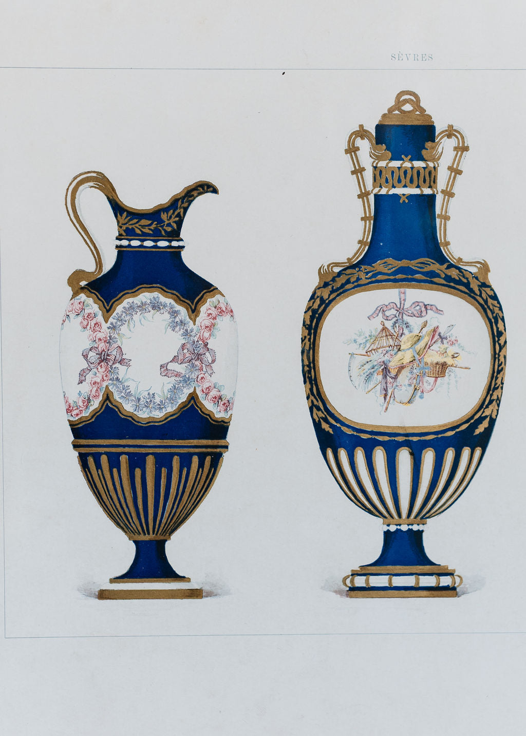 Sèvres Royal Blue Vases and Ewers, 19th Century French Chromolithograph