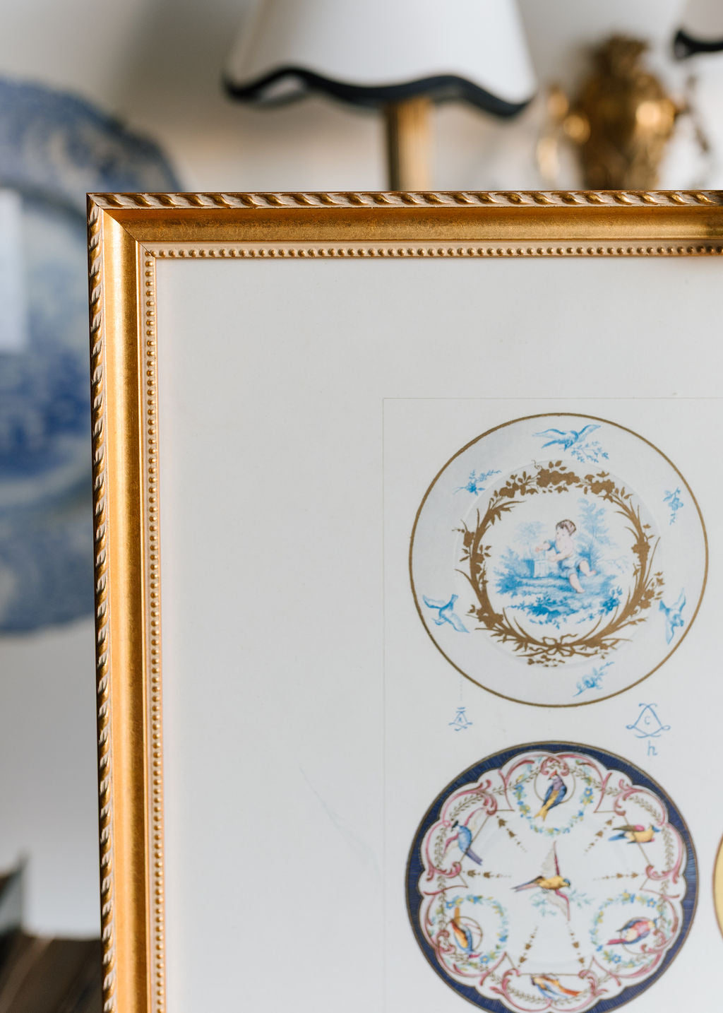 Sèvres Porcelain Plates and Cup, 19th Century French Chromolithograph