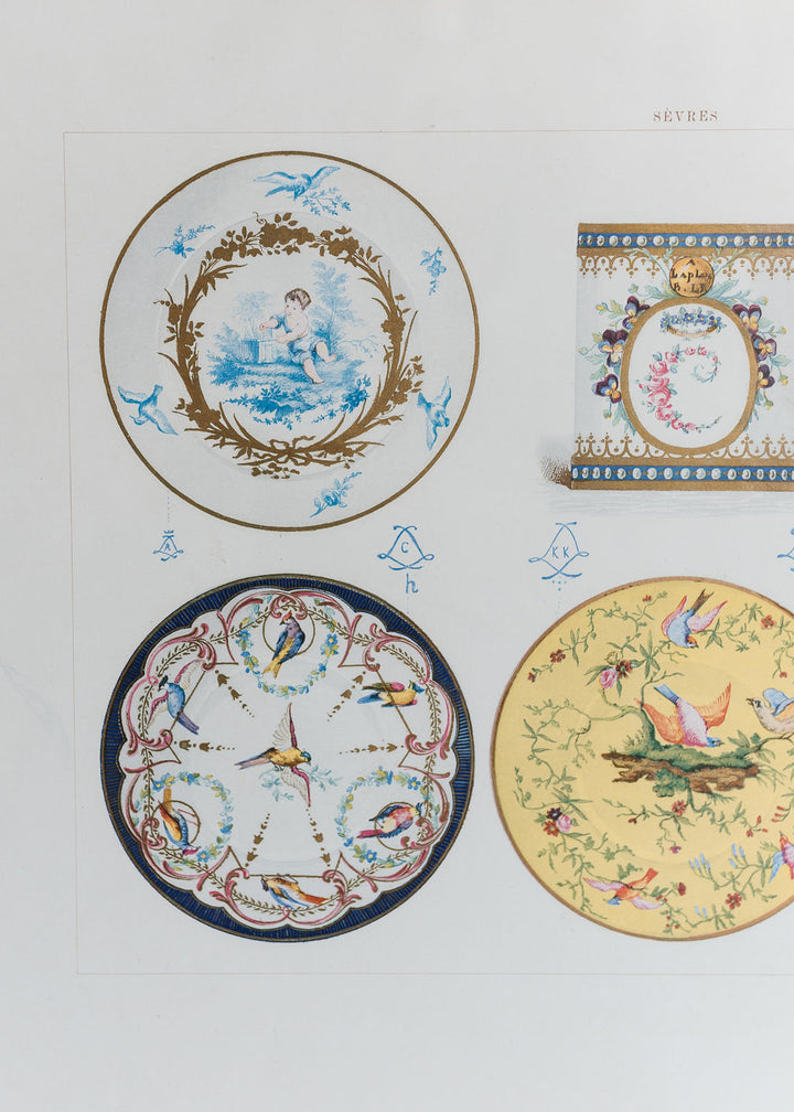 Sèvres Porcelain Plates and Cup, 19th Century French Chromolithograph
