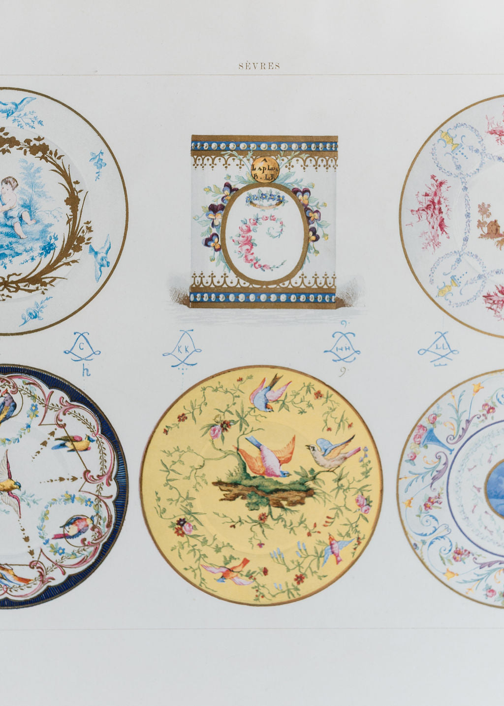 Sèvres Porcelain Plates and Cup, 19th Century French Chromolithograph