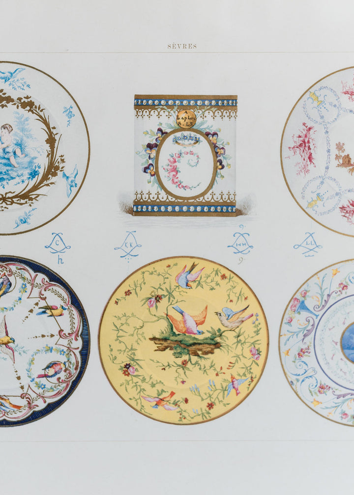 Sèvres Porcelain Plates and Cup, 19th Century French Chromolithograph