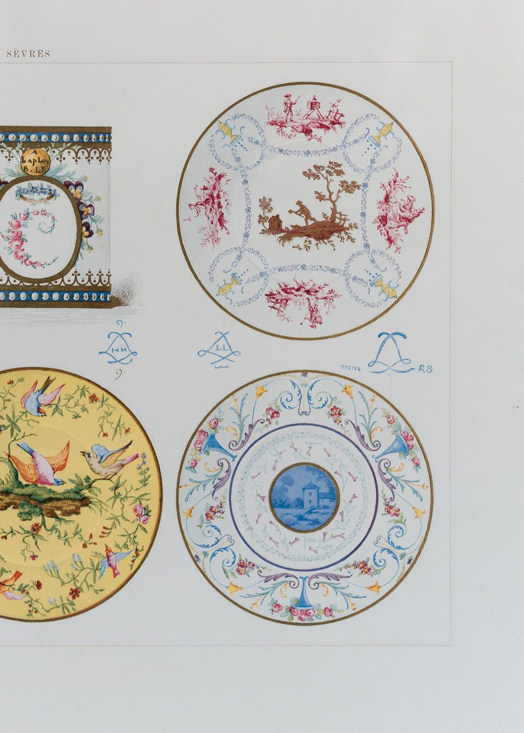 Sèvres Porcelain Plates and Cup, 19th Century French Chromolithograph