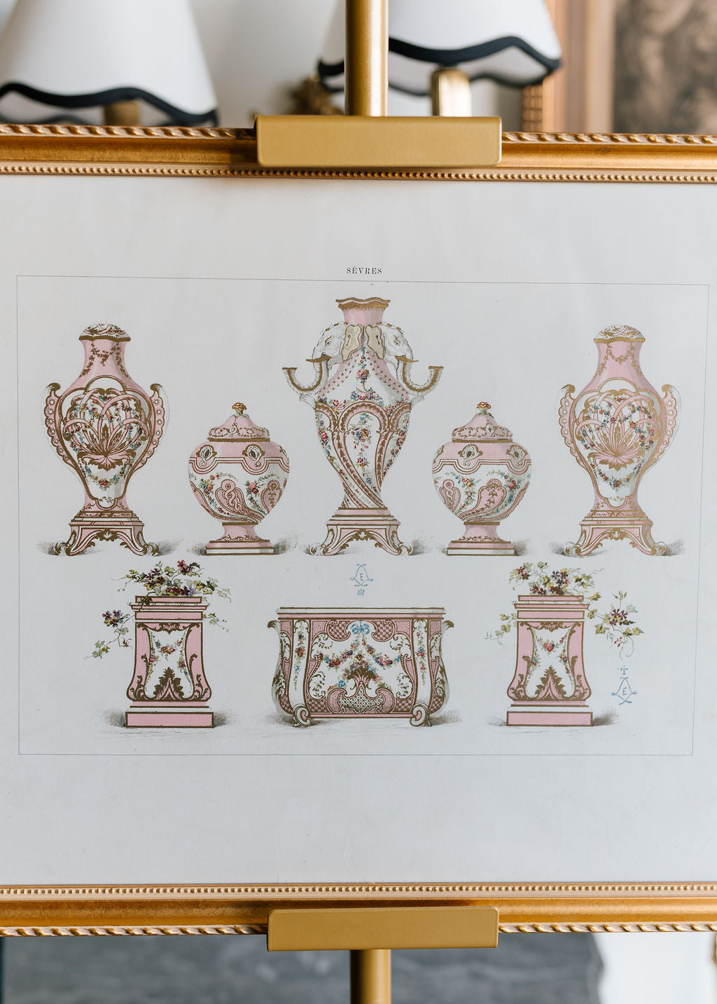 Sèvres Rose Pompadour Garniture with Elephant Head Vase, 19th Century French Chromolithograph