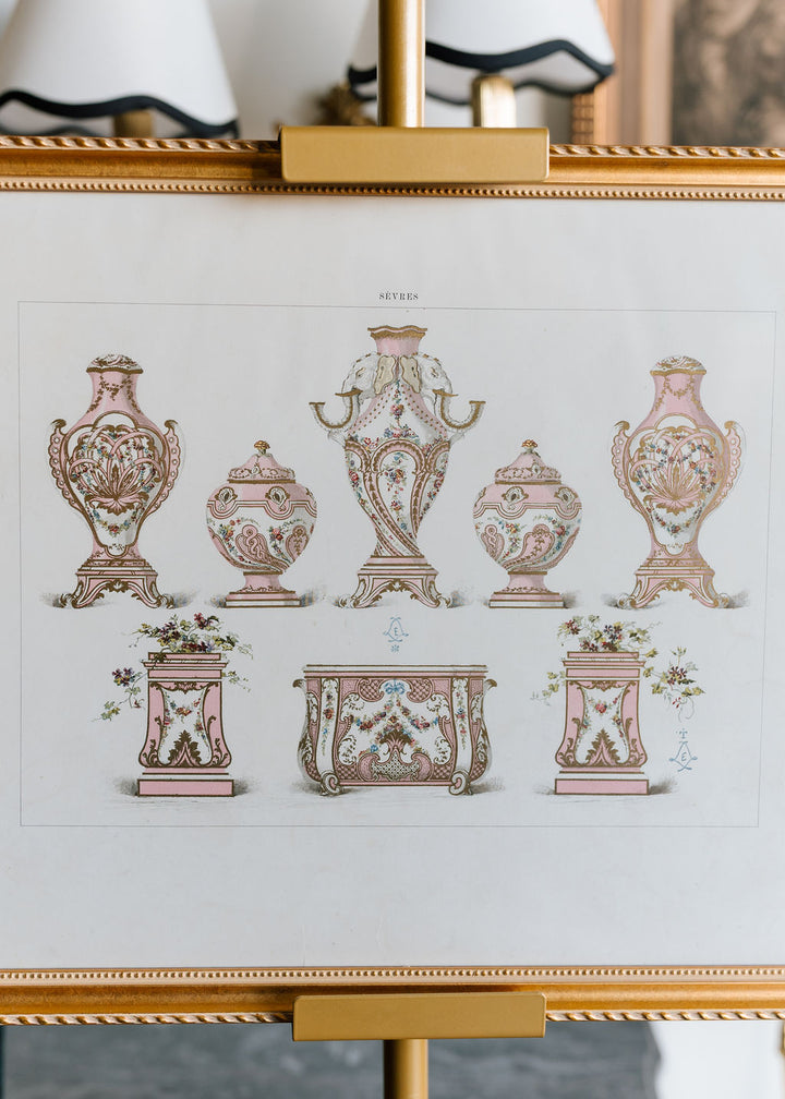 Sèvres Rose Pompadour Garniture with Elephant Head Vase, 19th Century French Chromolithograph