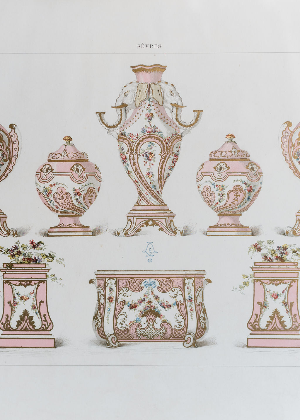 Sèvres Rose Pompadour Garniture with Elephant Head Vase, 19th Century French Chromolithograph