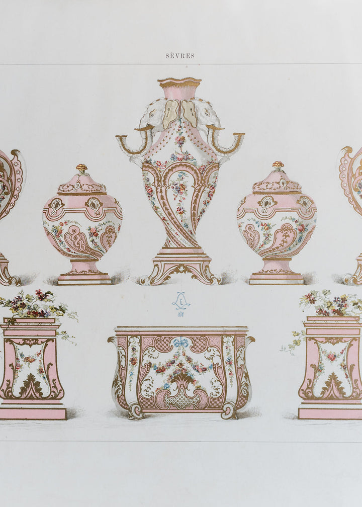 Sèvres Rose Pompadour Garniture with Elephant Head Vase, 19th Century French Chromolithograph