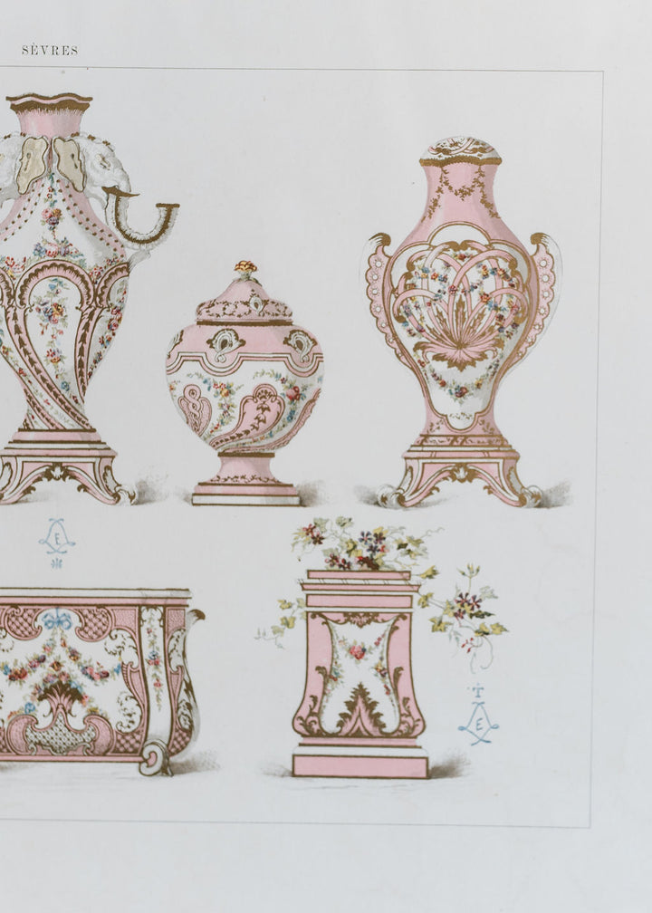 Sèvres Rose Pompadour Garniture with Elephant Head Vase, 19th Century French Chromolithograph