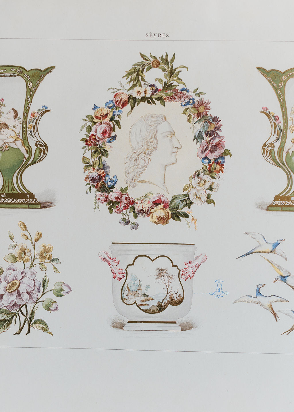Sèvres Green Vases, Portrait Medallion, 19th Century French Chromolithograph