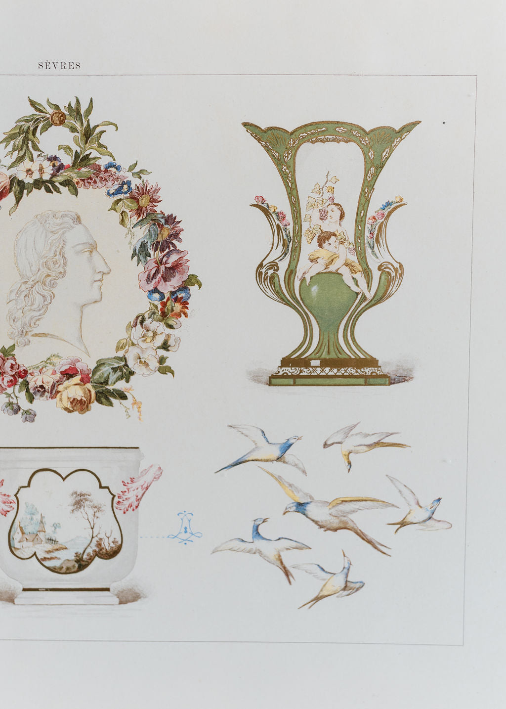Sèvres Green Vases, Portrait Medallion, 19th Century French Chromolithograph